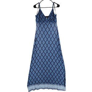 Loft Beach Maxi Dress S Women Blue Floral Diamond Argyle Sleeveless Jersey Knit
